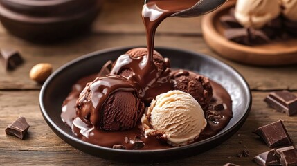 Chocolate ice cream sundae, pouring hot fudge, wooden table, scattered chocolate chips