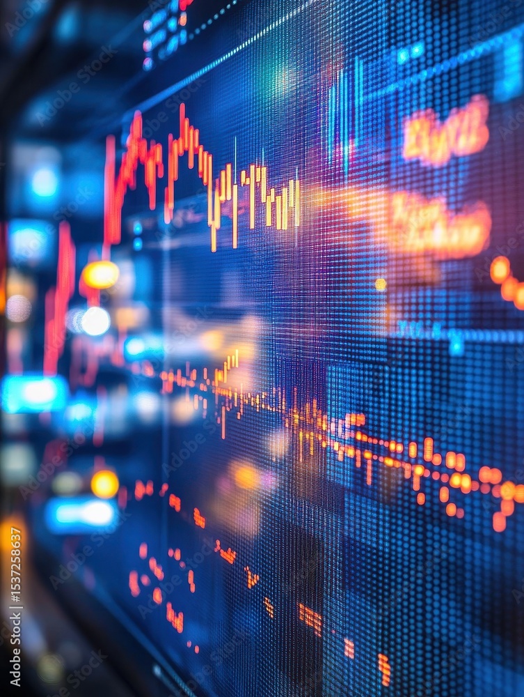 Poster brightly illuminated stock market chart displaying dynamic financial data trends and volatility on a