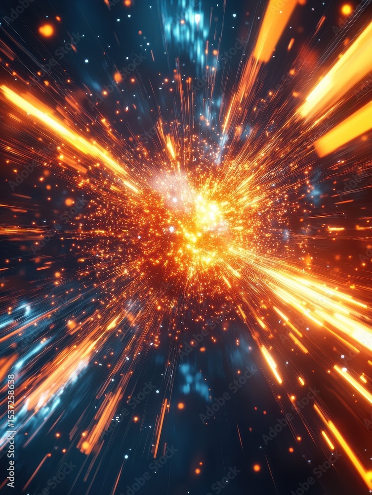 Aufkleber futuristic digital art showing a burst of energy with glowing particles in motion, symbolizing quant