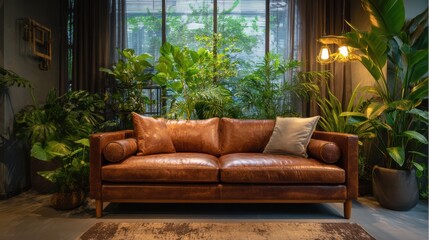 Obraz premium A brown leather sofa is placed in a modern room filled with vibrant plants and bathed in natural sunlight, creating an inviting atmosphere for relaxation and socializing
