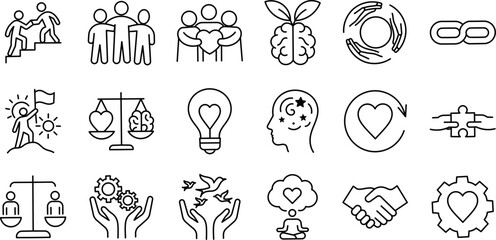 Empathy and Ethics Outline Icon Set – Featuring Teamwork, Mental Health, Equality, and Mindfulness. Editable Stroke Style Symbols.