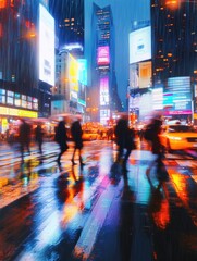 Blurred business professionals crossing rainy city street, vibrant light trails illuminating nighttime urban landscape with skyscrapers towering overhead