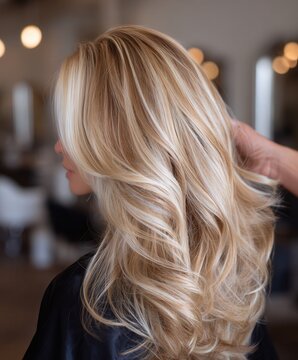 freshly styled long blonde hair after highlighting treatment