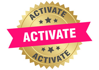 activate. activate round pink and gold label isolated on transparent background