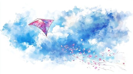 seasonal clipart, kite flying high with fluffy clouds, spring wind movement effect, hand-drawn cartoon lines, bright cheerful sky tone, white background