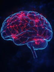 glowing, abstract representation of human brain with vibrant red and blue neural connections, symbolizing mental health, intelligence, and cognitive processes