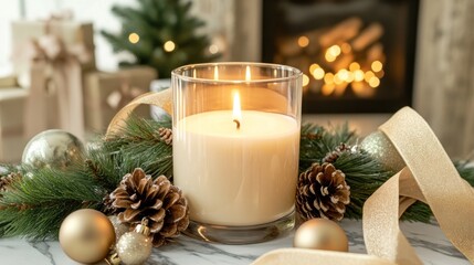 Christmas candle burning near fireplace, gifts, and decorations