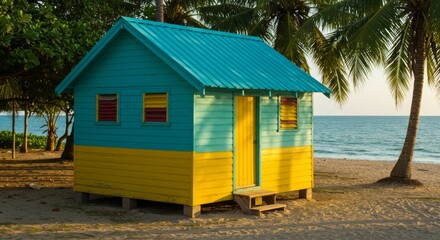 Small Colorful Beach House Under Palm Trees