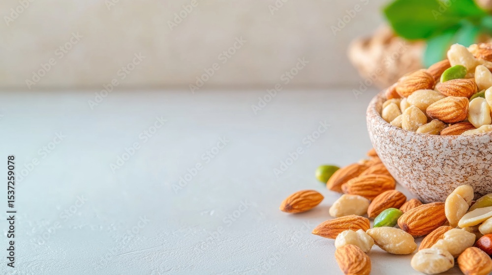 Poster nut assortment displayed in a textured bowl on a light countertop
