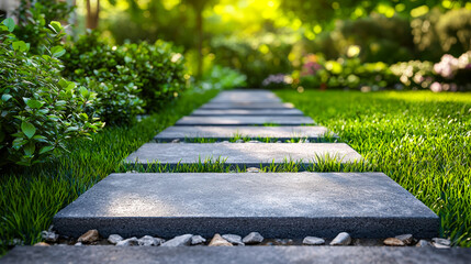 Peaceful stone pathway in lush garden setting