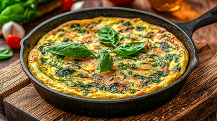 Fresh spinach and basil herb frittata in a cast iron skillet on rustic wooden table