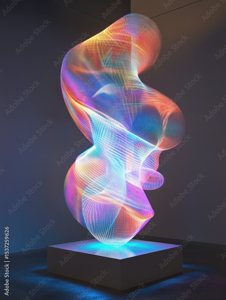Poster a holographic installation displaying a rotating abstract form suspended in mid-air.