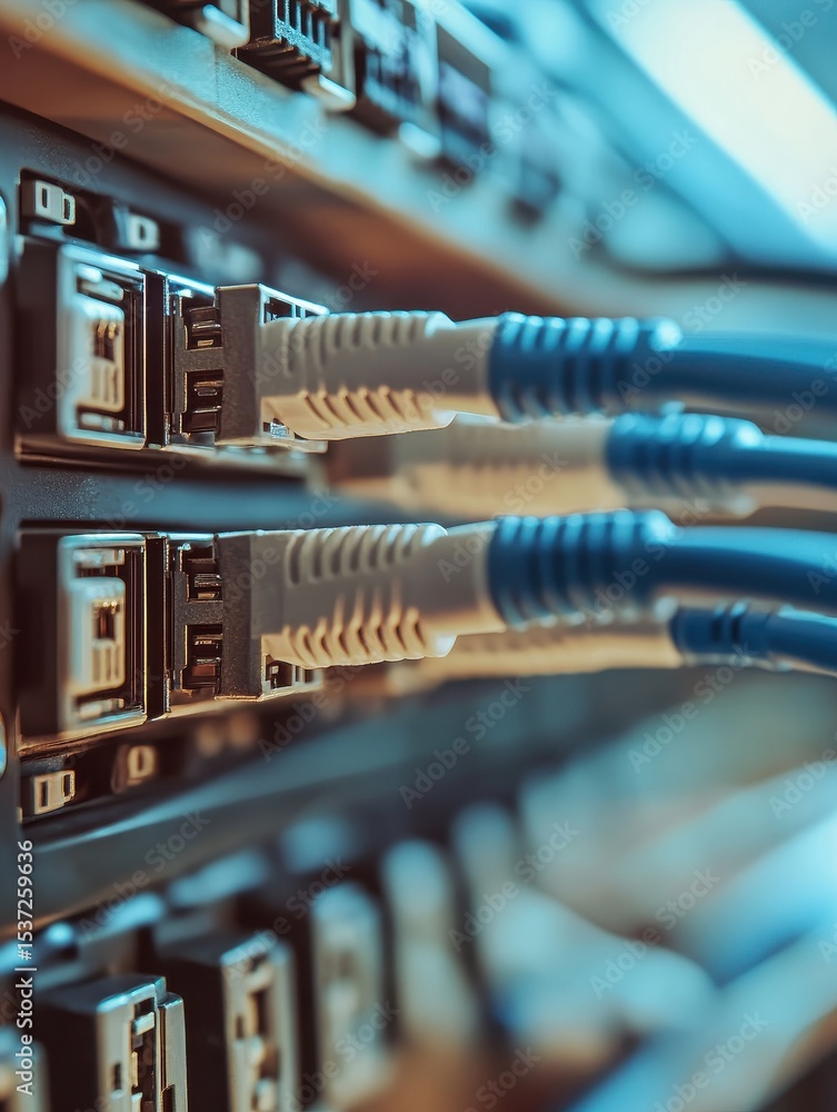 Poster close up of several ethernet cables plugged into a network switch. this image is a great representat