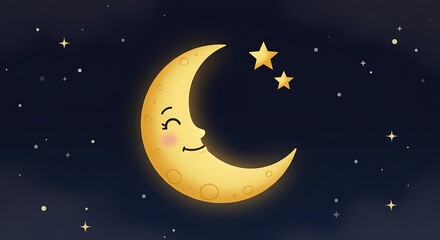 Fototapeta premium Cute Smiling Moon and Stars in the Night Sky Illustration