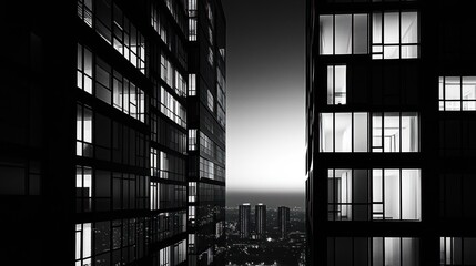 Cityscape at night, modern skyscrapers, urban view, illuminated windows