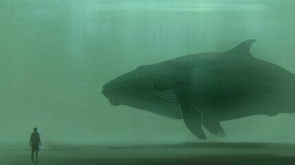 Vast, ethereal underwater scene.  Solitary figure faces enormous whale
