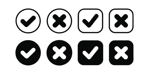 collection of check and cross icons in circle and square shapes, filled and outline styles for web, app, ui, and interface design