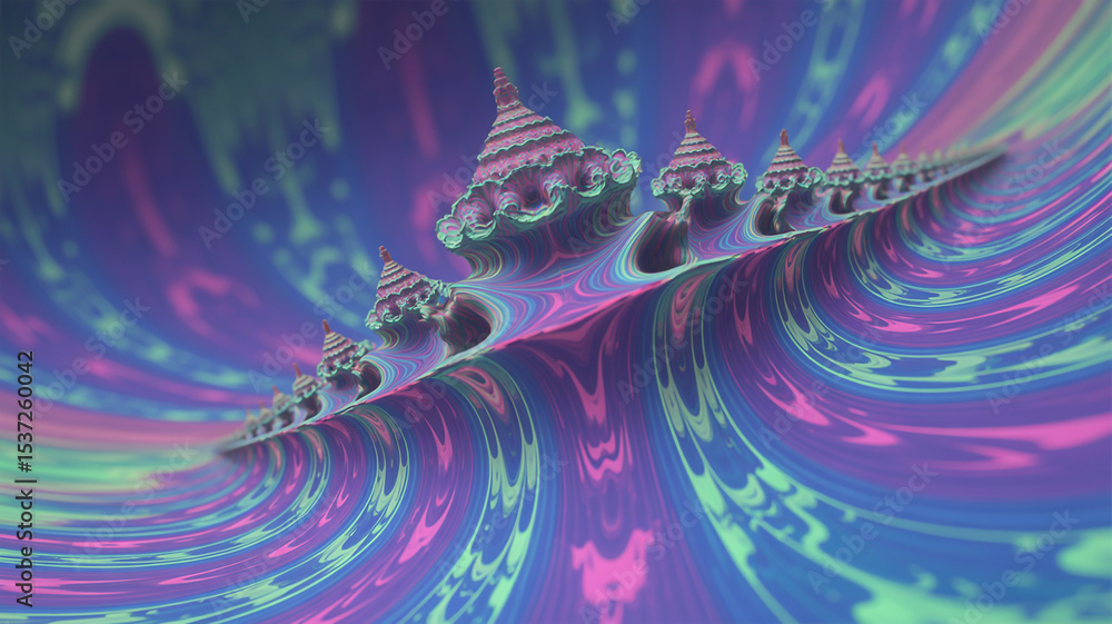 Poster abstract fractal landscape with pyramid shapes and swirling colorful patterns design art