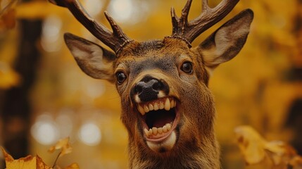 Close-up deer with open mouth in autumn forest