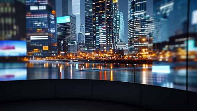 Blurred night cityscape view through modern display screen futuristic architecture