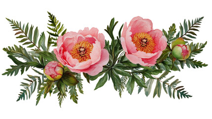 Abstract botanical frame with pink peonies and green fern leaves styled in an airy layout on linen fabric isolated on a transparent background