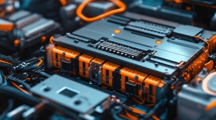 Close-up electric car battery pack, intricate wiring, modern technology