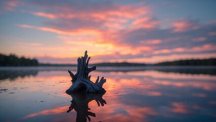 Fototapeta premium Driftwood in Calm Water Reflecting Colorful Sunset Sky Scenery