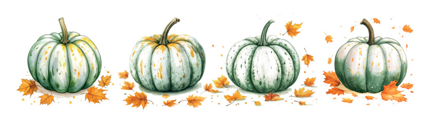 Watercolor set of white and green pumpkins with autumn leaves. Farm pumpkins in green and white colors in autumn leaves. Autumn, harvest concept. Elements for autumn designs, Thanksgiving.