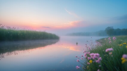 Tranquil River at Dawn with Fog and Wildflower Meadow