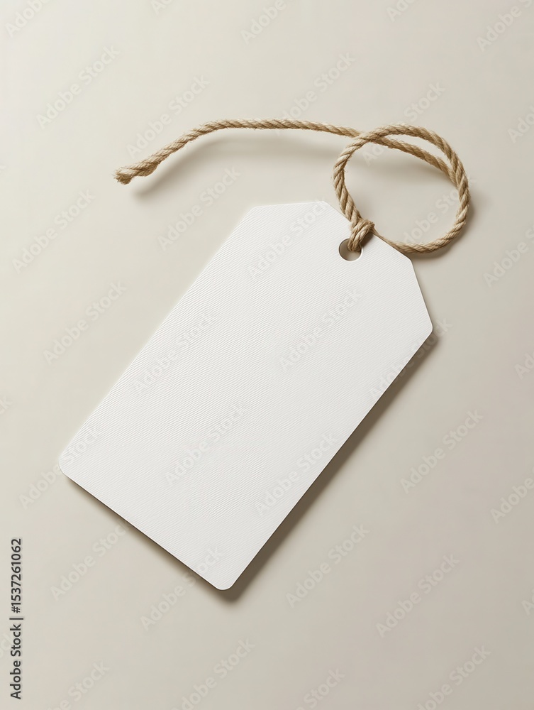 Poster blank white price tag lying at an angle on a light background with a rope attached in a simple and m