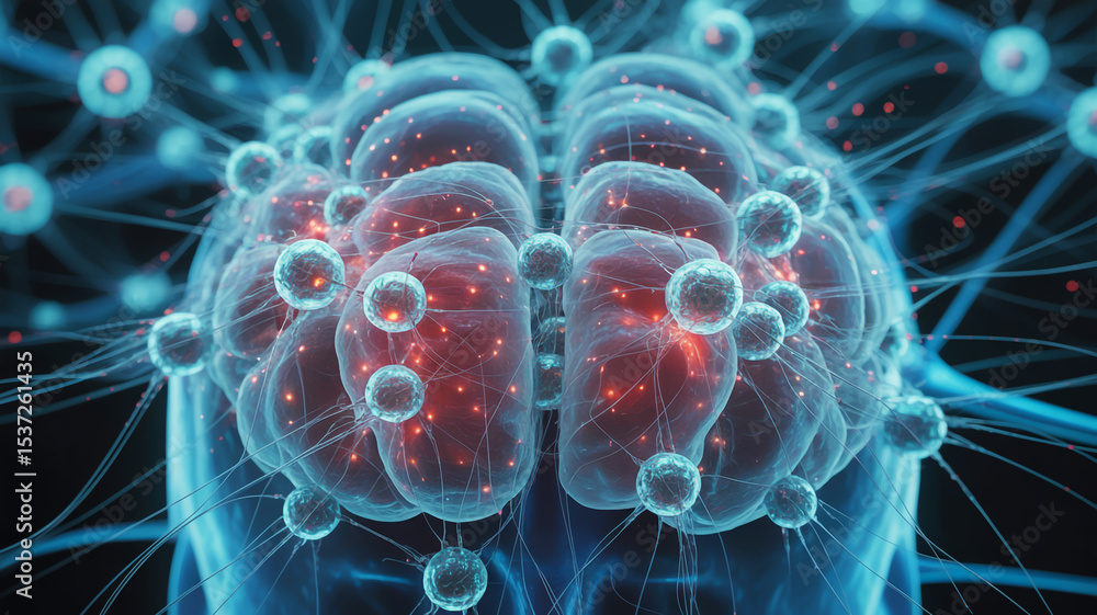 Poster illustration of a human brain with interconnected nodes and glowing red dots representing activity