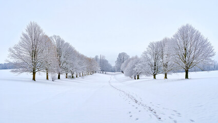 Obraz premium Snow covered trees line a path through a pristine winter landscape footprints in the snow