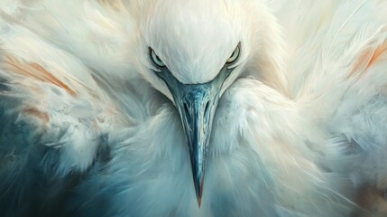 Close-up of a regal white bird's head, ruffled feathers, intense gaze, blurred nature background.  Perfect for nature, wildlife, or artistic prints