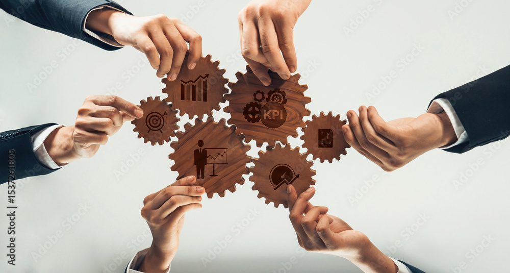 Poster a group of hands working together to manipulate wooden gears, each representing essential business m