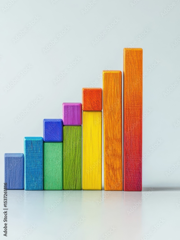 Poster creative wooden blocks forming a colorful bar graph representing statistical growth against a plain 