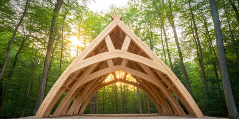 A wooden geometric structure is situated in a forest with sunlight peeking through the trees. Architectural design, nature harmony, tranquility