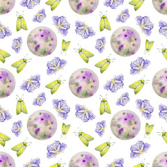 Seamless pattern Watercolor moon and moth, night butterfly background. Hand-drawn night luna light object sky elements space. Wallpaper., wrapping, clipart, sketchbook, design