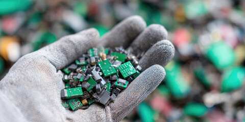 Obraz premium A gloved hand holds a pile of small electronic components over a blurred background. Concept: electronics recycling, environmental awareness