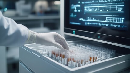 A gloved hand carefully selecting a blood sample in a high tech lab for medical research with