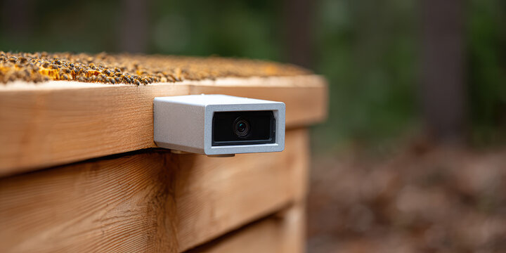 A security camera is mounted on the edge of a wooden beehive, surrounded by autumn leaves. Surveillance technology  