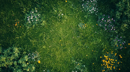 Bright green grass field with patches of colorful wildflowers, captured from above, relaxing scene