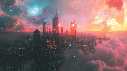 cityscape and a galaxy, merging urban life with cosmic elements, surreal vibe