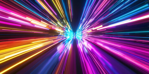 Epic high-speed car light trails in a rainbow of colors, swirling patterns, futuristic cityscape background