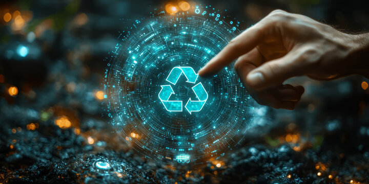 A businessman's finger touches a glowing green recycle icon on a sleek, futuristic digital display