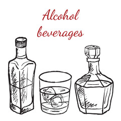 Alcohol beverages concept, glass bottles and drinking glass with ice cubes in black brush stroke texture isolated on white. Hand drawn vector sketch illustration in vintage charcoal ink.