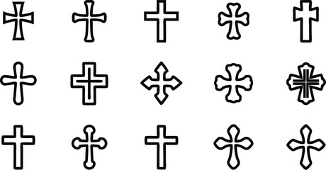 Obraz premium Fifteen Black Cross Variations Line Art Icons Set crosses