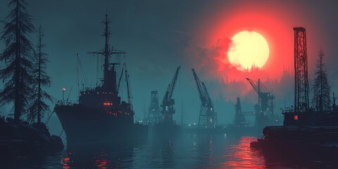 dockyard at night, with subtle lighting from ships and cranes.
