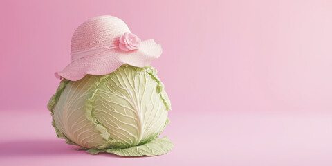 Layered cabbage decorated with tiny sun hat on soft pastel pink background