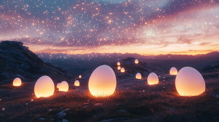 Glowing Magical Eggs in a Fantasy Landscape Under Starry Sky