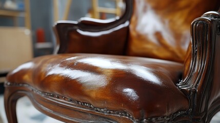 Closeup of antique leather chair in art studio
